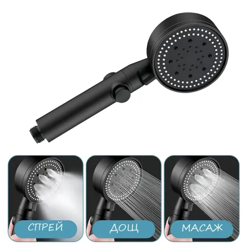 Лійка для душу Shower set AND, 6 режимів, з кнопкою стоп і самоочисним отвором, чорна душова насадка - фото 6