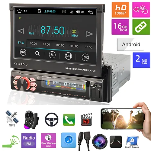 Автомагнітола 1DIN Android 9.0, 7 сенсорний екран, Wi-Fi, BT, 2+32 GB, Carplay, AHD, SRC