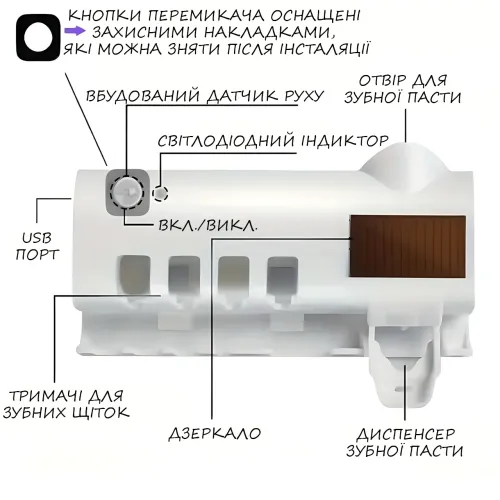 Диспенсер 3 в 1 Toothbrush steril, тримач і УФ стерилізатор зубних щіток із дозатором зубної пасти - фото 10