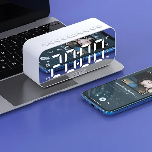 Дзеркальна мобільна колонка з годинником Q5 BT, 3W, Bluetooth, 2000 мА·год, РК-дисплей, FM-радіо, будильник, TF - фото 3