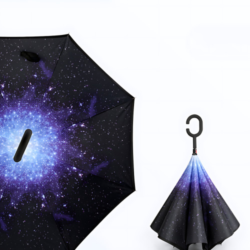 Зонтик обратной сборки up-brella космос, зонт от дождя и солнца Звездное небо с длинной ручкой - фото 3
