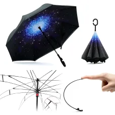 Зонтик обратной сборки up-brella космос, зонт от дождя и солнца Звездное небо с длинной ручкой