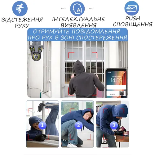 Вулична Wi-Fi камера відеоспостереження 360°, 4MPx+4MPx+4MPx, 3 об'єктиви, відстеження руху, дуплекс - фото 4