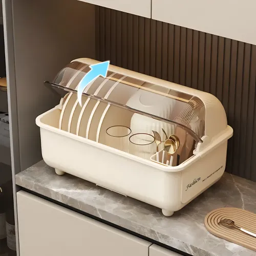 Сушарка для зберігання посуду Dish Storage, пилозахисне кухонне сушіння з кришкою, піддоном для води, білий - фото 5