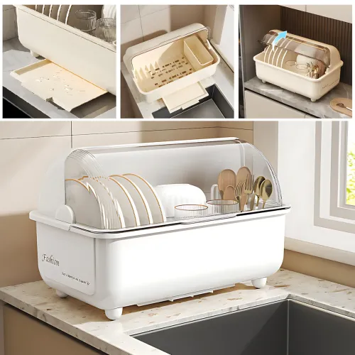 Сушарка для зберігання посуду Dish Storage, пилозахисне кухонне сушіння з кришкою, піддоном для води, білий