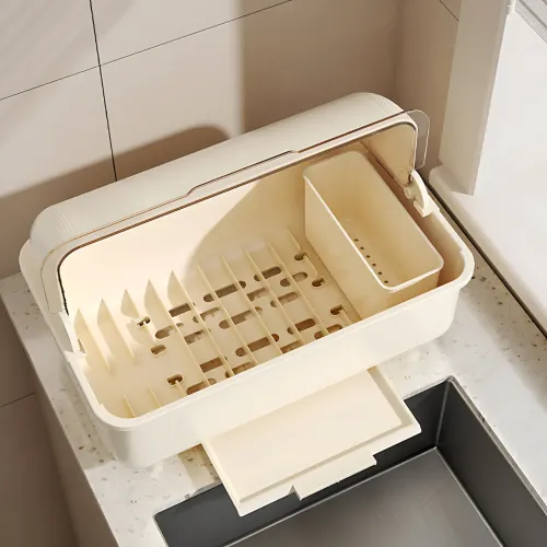 Сушарка для зберігання посуду Dish Storage, пилозахисне кухонне сушіння з кришкою, піддоном для води, білий - фото 3