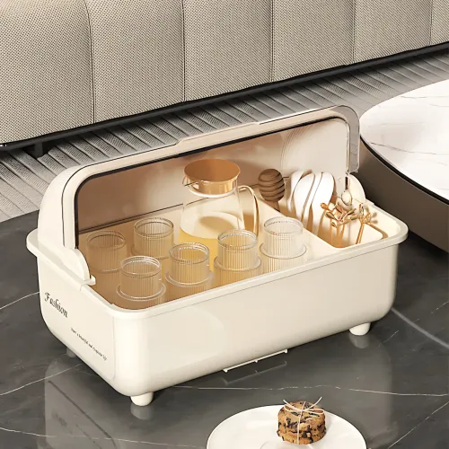 Сушарка для зберігання посуду Dish Storage, пилозахисне кухонне сушіння з кришкою, піддоном для води, білий - фото 4