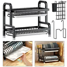 Сушарка для зберігання посуду та ножів Dish Storage With Knife, двоярусна, 43x23x39 см, металева, чорний