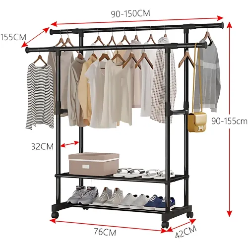 Вішалка для одягу, телескопічна Double Garment Rack на колесах із регулюванням висоти, 150х155 см - фото 9