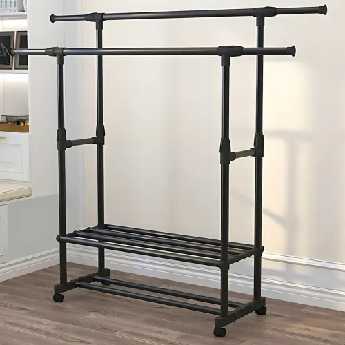 Вешалка-стойка для одежды, телескопическая Double Garment Rack на колесах с регулировкой высоты, 150х155 см - фото 4