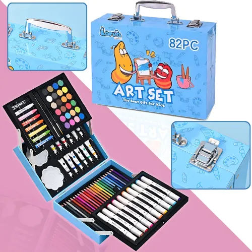 Набор для рисования Art Set, карандаши, маркеры, краски в пластиковом голубом чемоданчике, 82 предмета