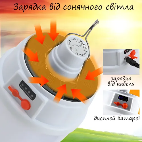 Акумуляторний ліхтар BL-2022, лампа для кемпінгу із сонячною панеллю та вологозахистом, 6 Вт, 5 режимів роботи - фото 6