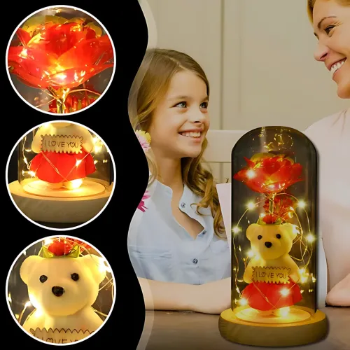 Троянда в скляній колбі Rose of Love з LED-підсвіткою і плюшевим ведмедиком з написом I LOVE YOU, червоний - фото 5