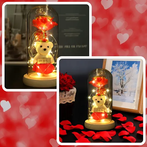 Троянда в скляній колбі Rose of Love з LED-підсвіткою і плюшевим ведмедиком з написом I LOVE YOU, червоний - фото 7