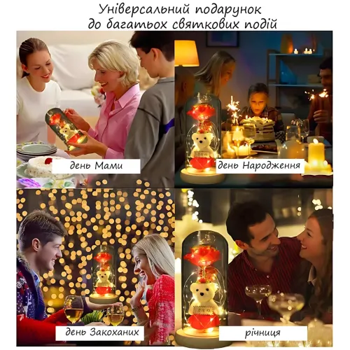 Троянда в скляній колбі Rose of Love з LED-підсвіткою і плюшевим ведмедиком з написом I LOVE YOU, червоний - фото 4