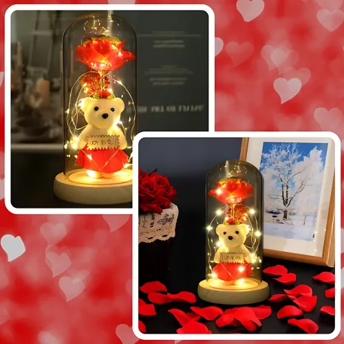 Троянда в скляній колбі Rose of Love з LED-підсвіткою і плюшевим ведмедиком з написом I LOVE YOU, червоний - фото 7