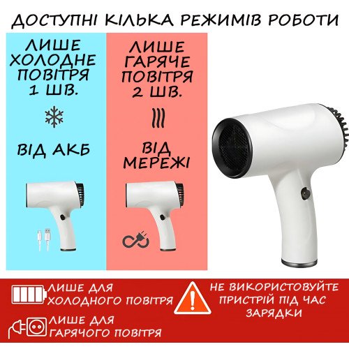 Беспроводной фен для волос Portable Hair Dryer, 2600 mAh, 500 Вт, с горячим и холодным обдувом и ионизацией Черный - фото 2