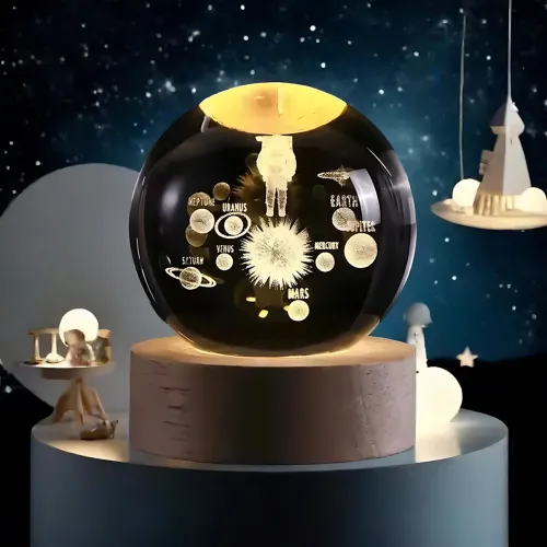 3D нічник Хрустальна куля з астронавтом — Сонячна система, USB, 8 см - фото 9