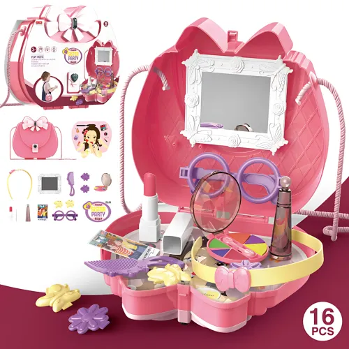 Дитячий косметичний набір у рожевій сумочці з дзеркалом Kids Pretend Toy Bag, 16 предметів - фото 3