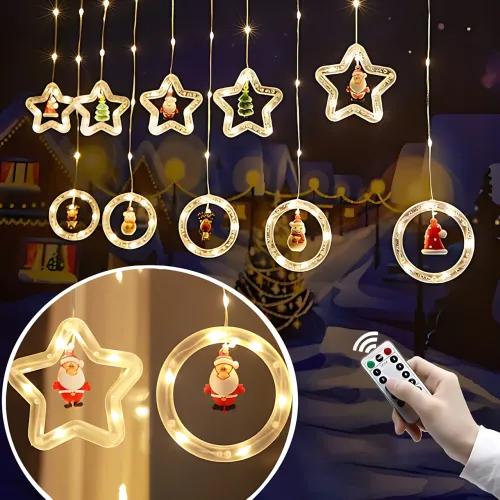 LED гірлянда-штора SFK-23, зірка та коло з іграшкою, 8 режимів роботи, тепле світло, 3 м х 0,8 м