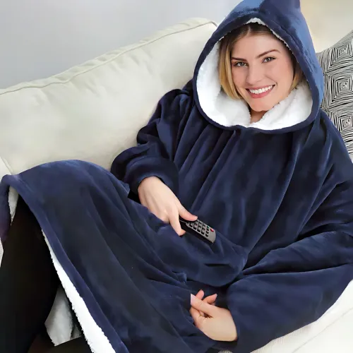 Huggle Hoodie: Двостороння плюшева Толстовка-Плед, тепле худі покривало, 80x100 см Синій - фото 9