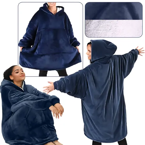 Huggle Hoodie: Двостороння плюшева Толстовка-Плед, тепле худі покривало, 80x100 см Синій