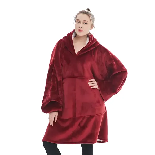 Huggle Hoodie: Двостороння плюшева Толстовка-Плед, тепле худі покривало, 80x100 см Малиновий - фото 8