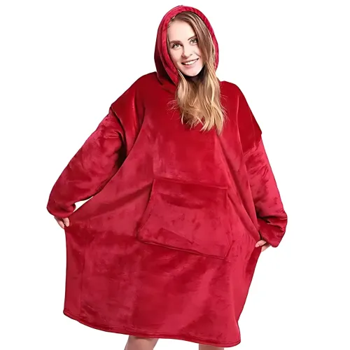 Huggle Hoodie: Двостороння плюшева Толстовка-Плед, тепле худі покривало, 80x100 см Малиновий - фото 2