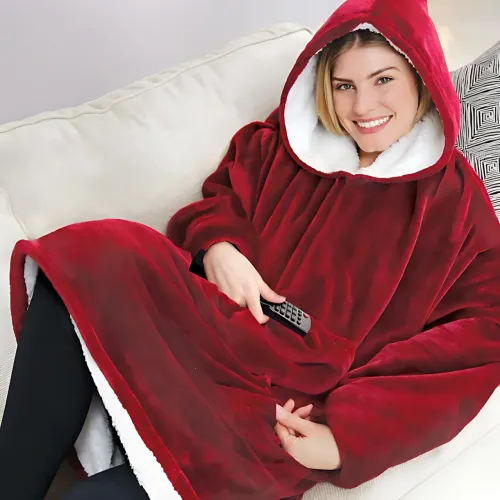 Huggle Hoodie: Двостороння плюшева Толстовка-Плед, тепле худі покривало, 80x100 см Малиновий - фото 9