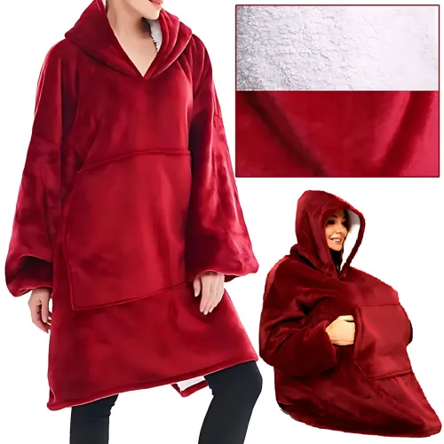 Huggle Hoodie: Двостороння плюшева Толстовка-Плед, тепле худі покривало, 80x100 см Малиновий - фото 10