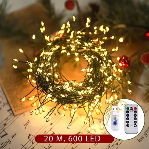 Гірлянда Роса 20 м, 600 LED, тепле світло, зелений дріт, USB, з пультом - фото 3