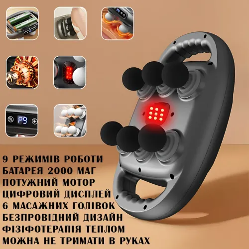 Беспроводной перкуссионный массажер с шестью головками, профессиональный, 9 режимов, 14400 об/мин, 2000 мАч - фото 3