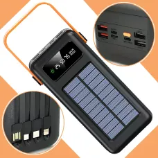 Портативное зарядное AND YM-639CX на солнечной батарее, power bank 120000 mAh с USB и встроенными кабелями Черный