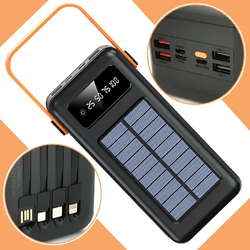 Портативне зарядне AND YM-639CX на сонячній батареї, power bank 120000 mAh з USB і вбудованими кабелями Чорний