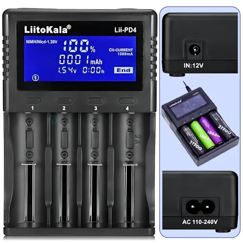 Інтелектуальний зарядний пристрій LiitoKala Lii-PD4 на 4 слоти з LCD-дисплеєм, універсальна сумісність