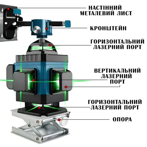 Лазерний 4D рівень будівельний, 16 ліній, зелений промінь, з пультом, у тканинному чохлі з 2 акумуляторами - фото 6
