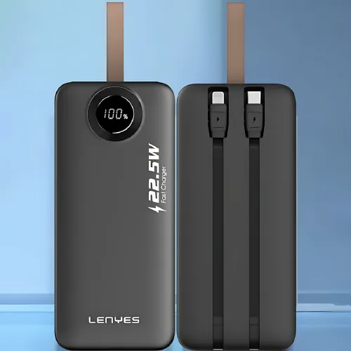 Lenyes PXD487D — потужний повербанк 40 000 мА·год з LED-дисплеєм і вбудованими кабелями Type-C і Lightning, 22.5W