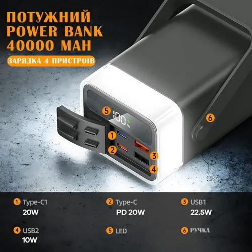Power Bank LENYES PX492D 40000mAh, 22.5W, 4 порти USB-A і Type-C - фото 7