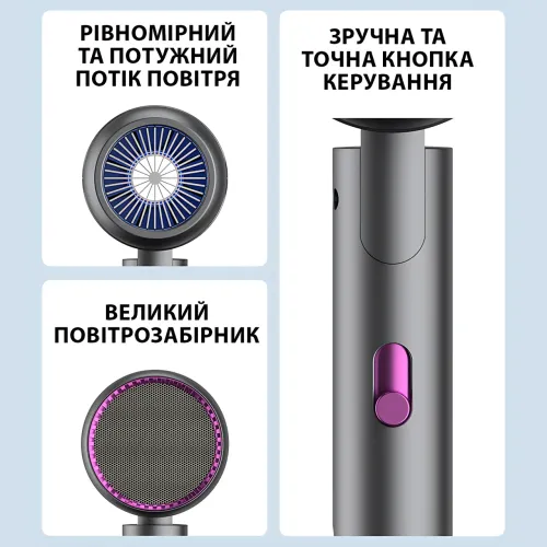 Фен для волосся складаний стайлер Air Blower LY-811, потужність 1800 Вт, 3 швидкості, іонізація, сірий - фото 4