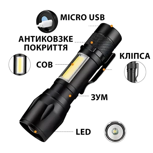 Ручной фонарик BL 513 USB с XPE + COB LED, 500 лм, зумом, встроенным аккумулятором, 3 режимами и влагозащитой - фото 4