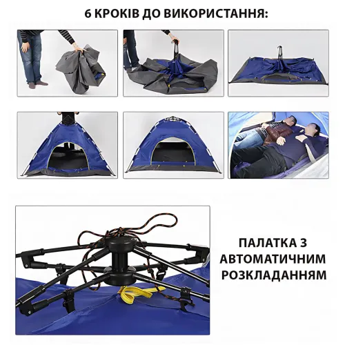 Палатка автоматическая 6-ти местная 200×250×150 см, Туристическая кемпинговая палатка-автомат, синий Камуфляж - фото 2