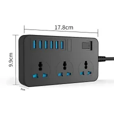 Удлинитель AR CP02 3 розетки + 6 USB, 2 м, 3000 Вт, с защитой и выключателем, чёрный