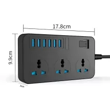 Удлинитель AR CP02 3 розетки + 6 USB, 2 м, 3000 Вт, с защитой и выключателем, чёрный