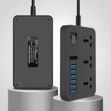 Подовжувач AR CP02 3 розетки + 6 USB, 2 м, 3000 Вт, із захистом і вимикачем, чорний