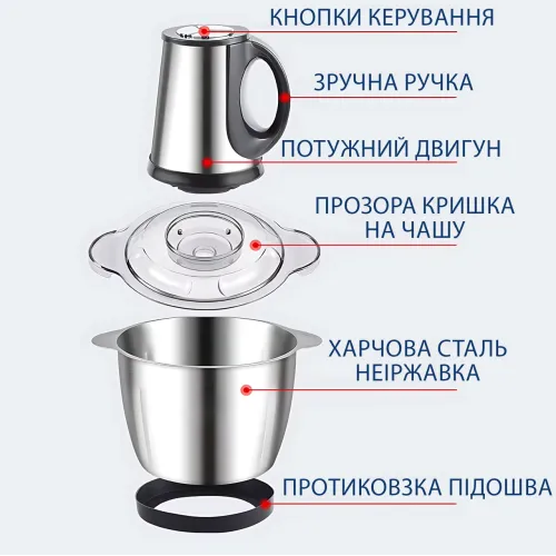 Подрібнювач кухонний Hoffmans HM-8829, 1000 Вт, 3 л, м'ясорубка, неіржавка сталь, 3 швидкості - фото 6
