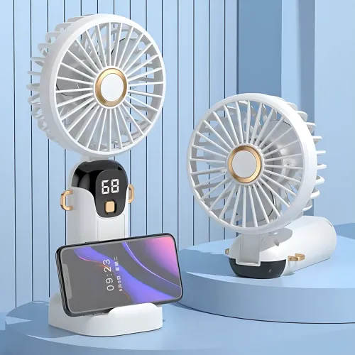 Портативний вентилятор JX-995 з 3 швидкостями обдування, LED-дисплеєм, USB заряджанням і підставкою для телефона Синій - фото 3