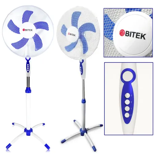Вентилятор напольный BITEK BT-1630 ⌀40 см, 100 Вт, 3 скорости, поворот, наклон, регулировка высоты, таймер Бело-голубой