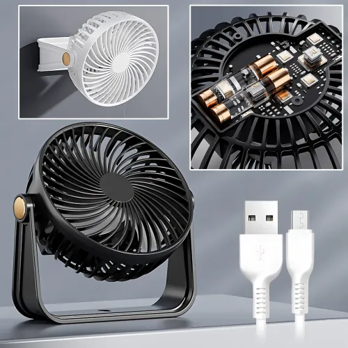 Компактний вентилятор AND1261 настільний/настінний, 3 швидкості, USB, 800 мА·год, тихий 62-70 дБ, 5 Вт, 13×13 см