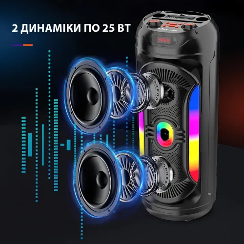 Портативная Bluetooth-колонка 2x8 25 Вт х2, с микрофоном, LED-подсветкой, USB/SD/FM/AUX/BT, дисплеем, пультом - фото 4