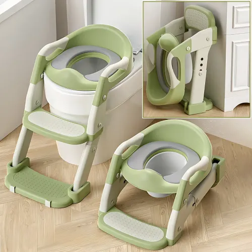 Складана дитяча накладка на унітаз зі сходинкою Babycare MA605, для 1-9 років, з ручками, спинкою, до 50 кг Зелений